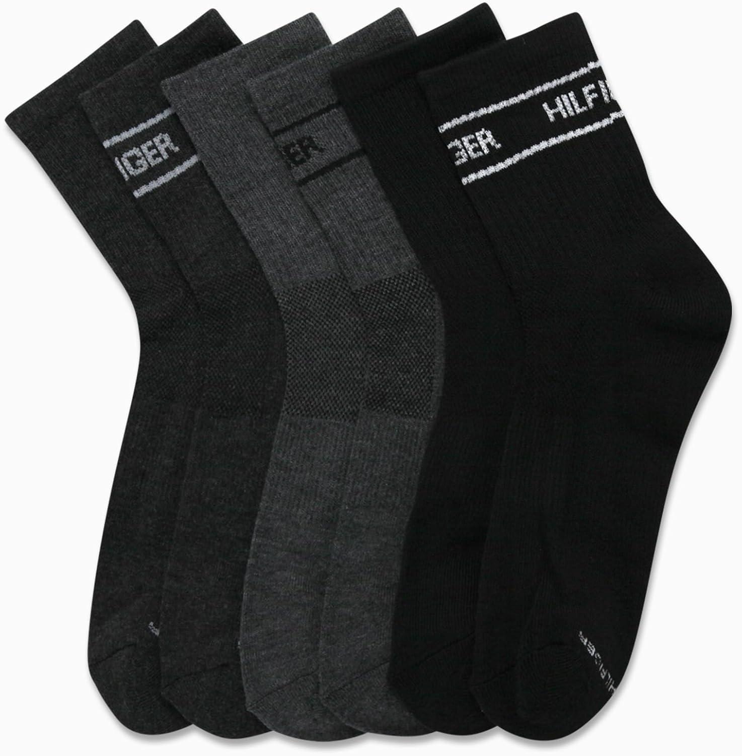 imageTommy Hilfiger Mens Quarter Socks 6 Pack Athletic Performance Cushioned High Quarter Length Ankle Socks for Men for RunningBlack Grey Assorted