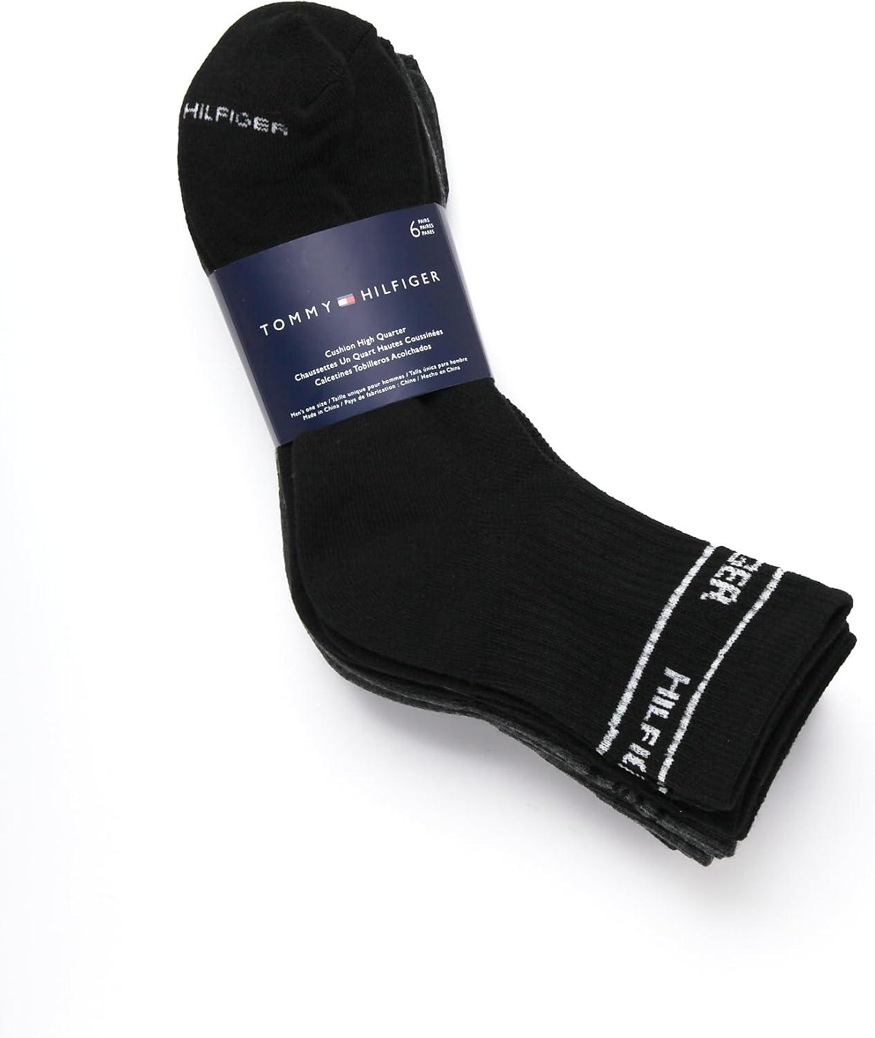 imageTommy Hilfiger Mens Quarter Socks 6 Pack Athletic Performance Cushioned High Quarter Length Ankle Socks for Men for RunningBlack Grey Assorted