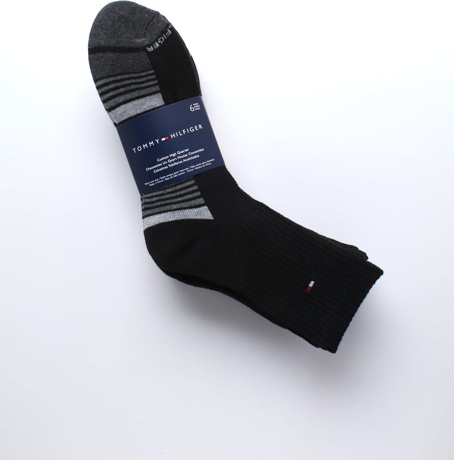 imageTommy Hilfiger Mens Quarter Socks 6 Pack Athletic Performance Cushioned High Quarter Length Ankle Socks for Men for RunningBlack Multi