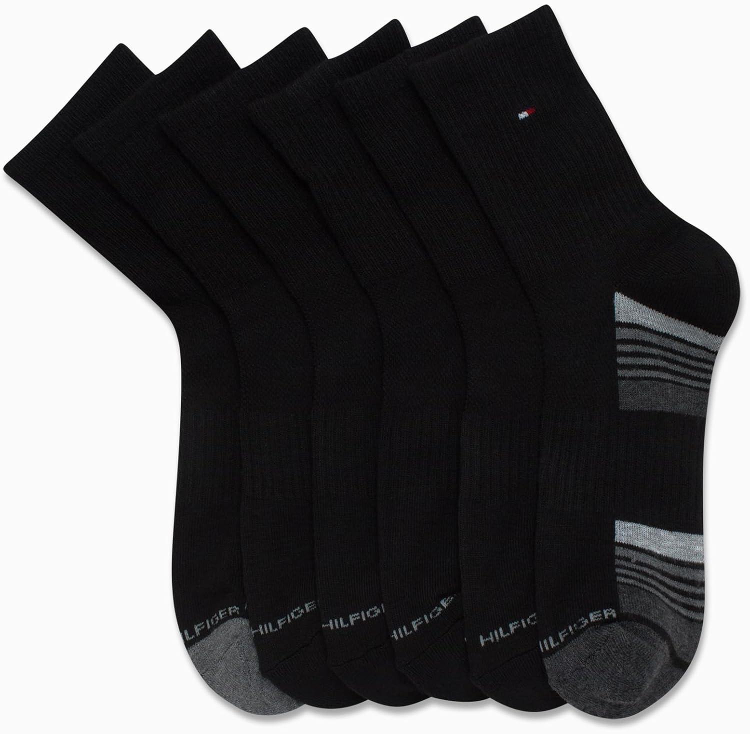 imageTommy Hilfiger Mens Quarter Socks 6 Pack Athletic Performance Cushioned High Quarter Length Ankle Socks for Men for RunningBlack Multi