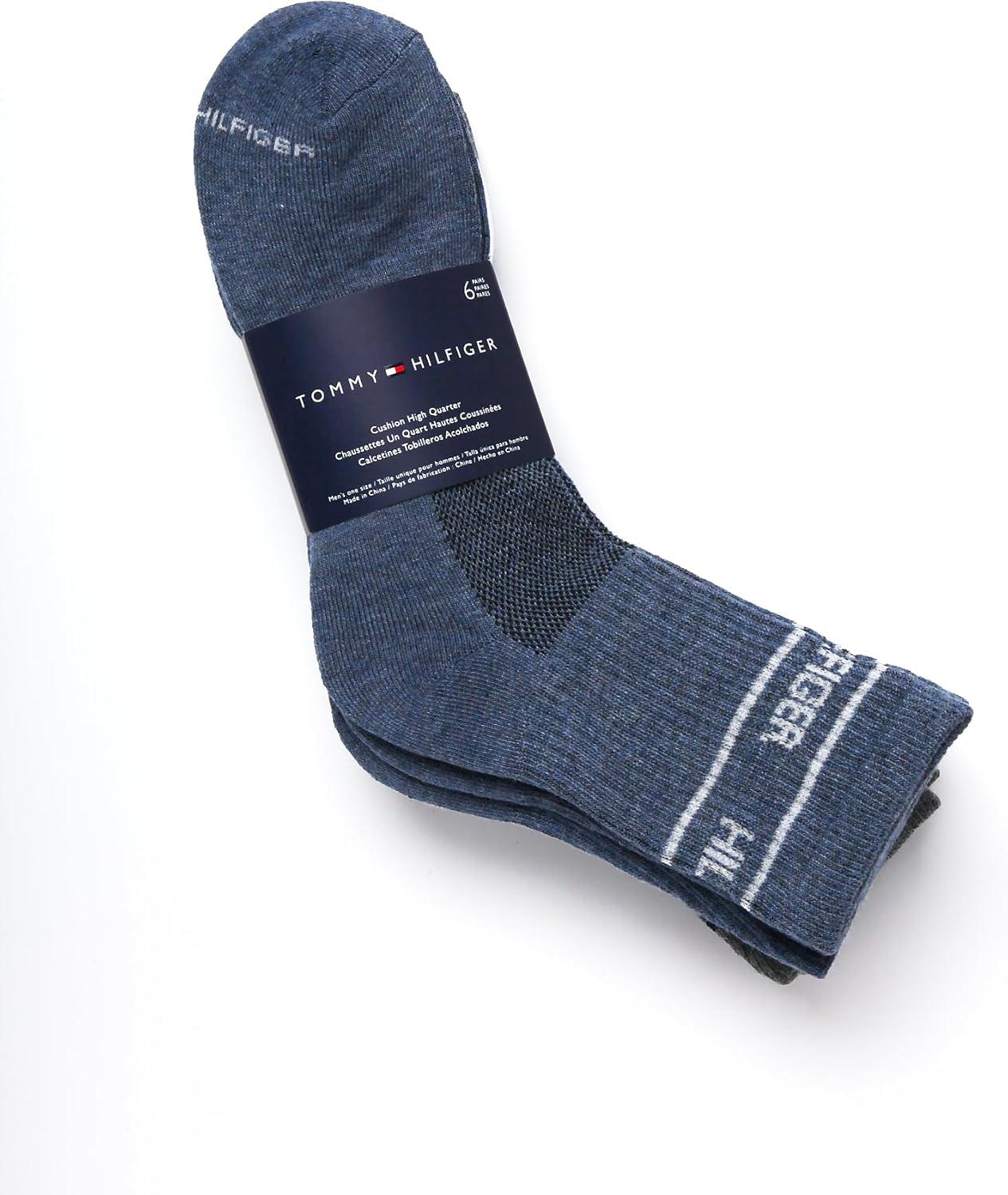 imageTommy Hilfiger Mens Quarter Socks 6 Pack Athletic Performance Cushioned High Quarter Length Ankle Socks for Men for RunningDenim Heather