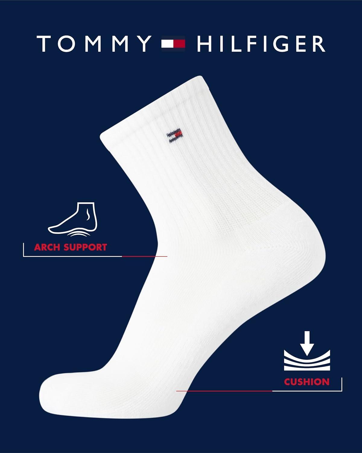 imageTommy Hilfiger Mens Quarter Socks 6 Pack Athletic Performance Cushioned High Quarter Length Ankle Socks for Men for RunningDenim Heather
