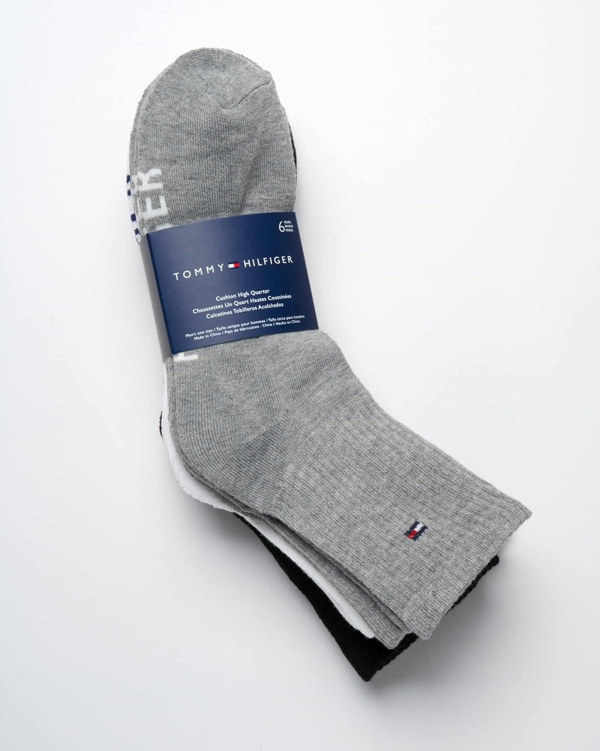 imageTommy Hilfiger Mens Quarter Socks 6 Pack Athletic Performance Cushioned High Quarter Length Ankle Socks for Men for RunningGrey Assorted