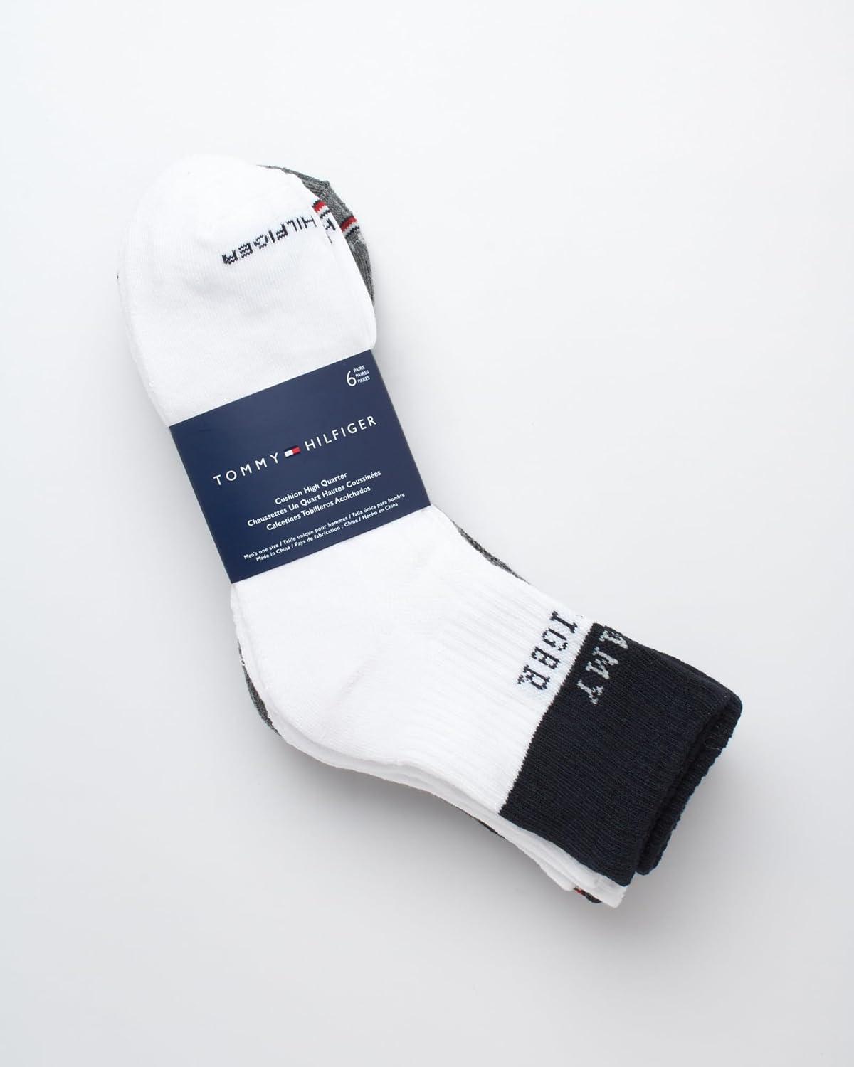 imageTommy Hilfiger Mens Quarter Socks 6 Pack Athletic Performance Cushioned High Quarter Length Ankle Socks for Men for RunningWhiteGrey