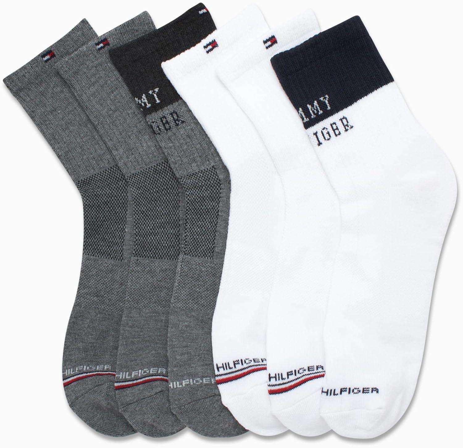 imageTommy Hilfiger Mens Quarter Socks 6 Pack Athletic Performance Cushioned High Quarter Length Ankle Socks for Men for RunningWhiteGrey