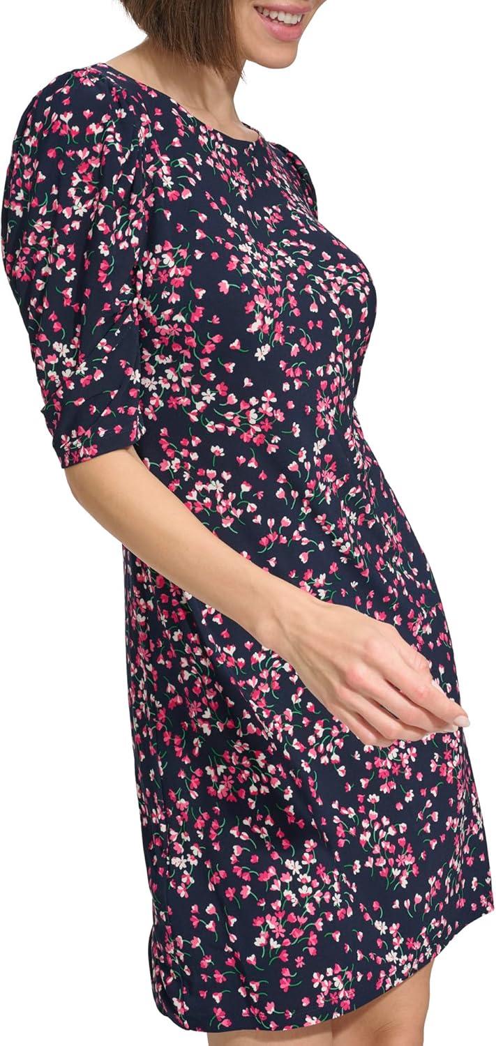 imageTommy Hilfiger Womens 12 Sleeve Boat Neck Cotton Shift Mini DressSky CaptainHot Pink