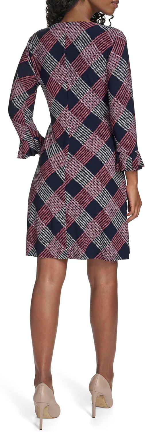 imageTommy Hilfiger Womens 34 Ruffle Trim Sleeve Round Neck Jersey Shift Mini DressSky CaptainSherbet