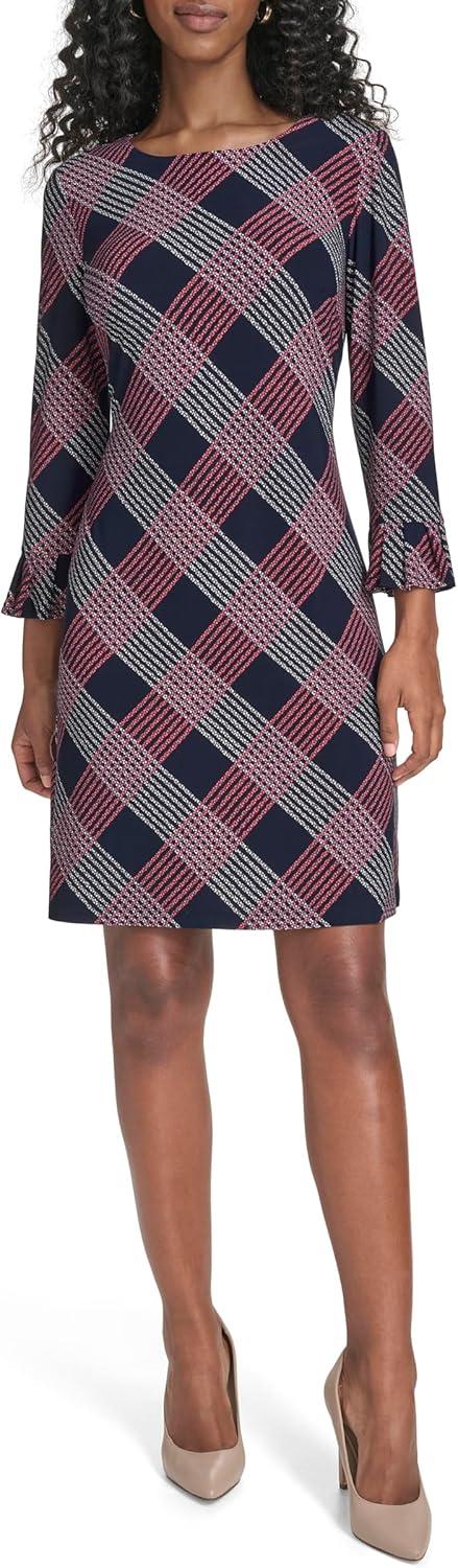 imageTommy Hilfiger Womens 34 Ruffle Trim Sleeve Round Neck Jersey Shift Mini DressSky CaptainSherbet