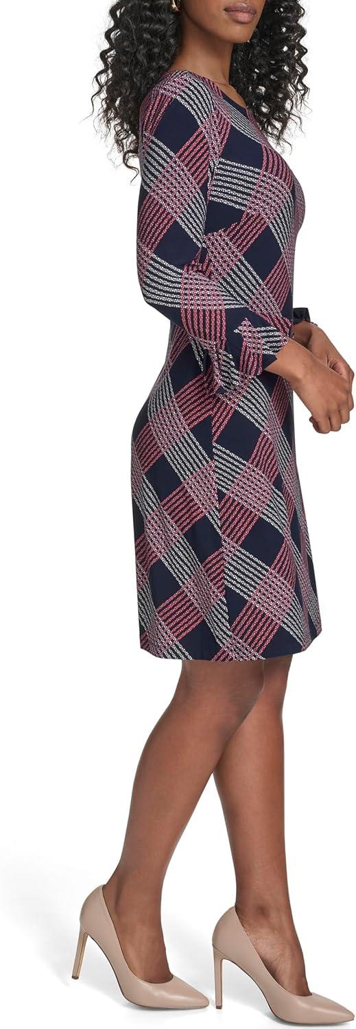 imageTommy Hilfiger Womens 34 Ruffle Trim Sleeve Round Neck Jersey Shift Mini DressSky CaptainSherbet