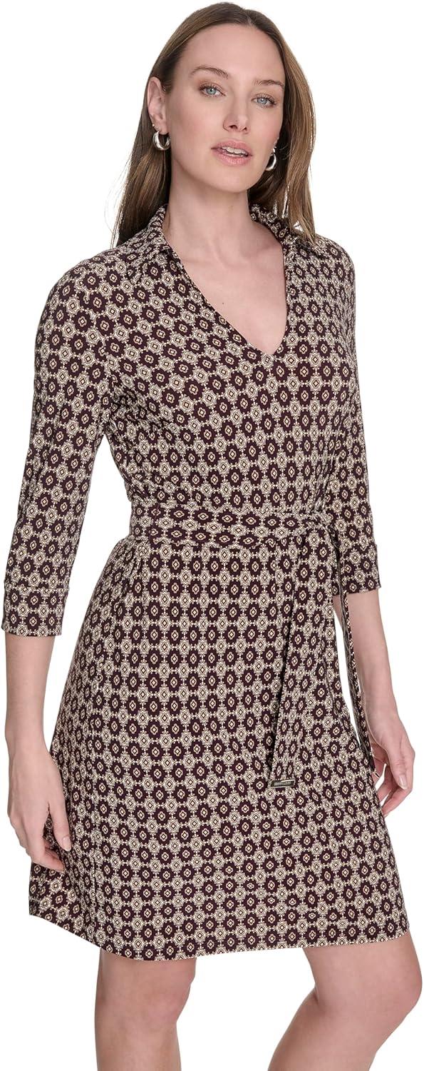 imageTommy Hilfiger Womens 34 Sleeve Collared VNeck Tie Waist Mini DressAubergineMulti