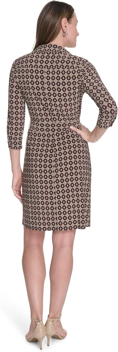 imageTommy Hilfiger Womens 34 Sleeve Collared VNeck Tie Waist Mini DressAubergineMulti