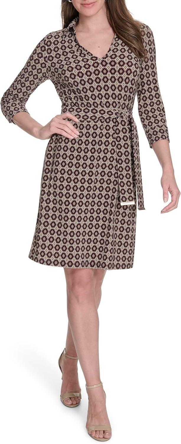 imageTommy Hilfiger Womens 34 Sleeve Collared VNeck Tie Waist Mini DressAubergineMulti
