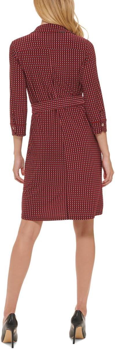 imageTommy Hilfiger Womens 34 Sleeve Collared VNeck Tie Waist Mini DressChili PepperAubergine