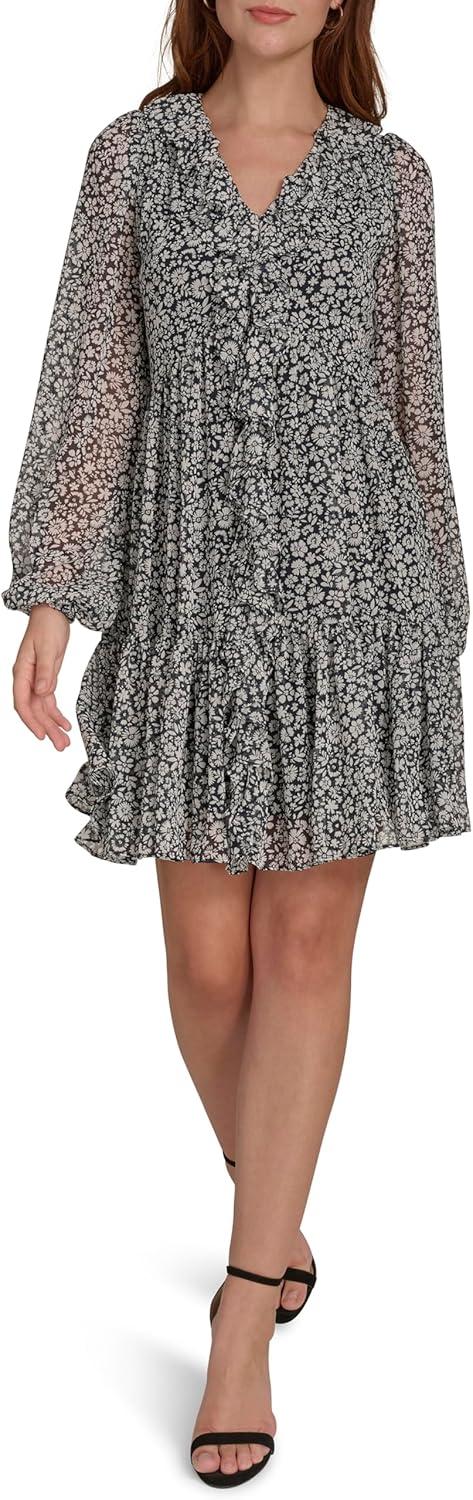 imageTommy Hilfiger Womens Balloon Sleeve VNeck Chiffon Fit amp Flare Mini DressSky CaptainIvory