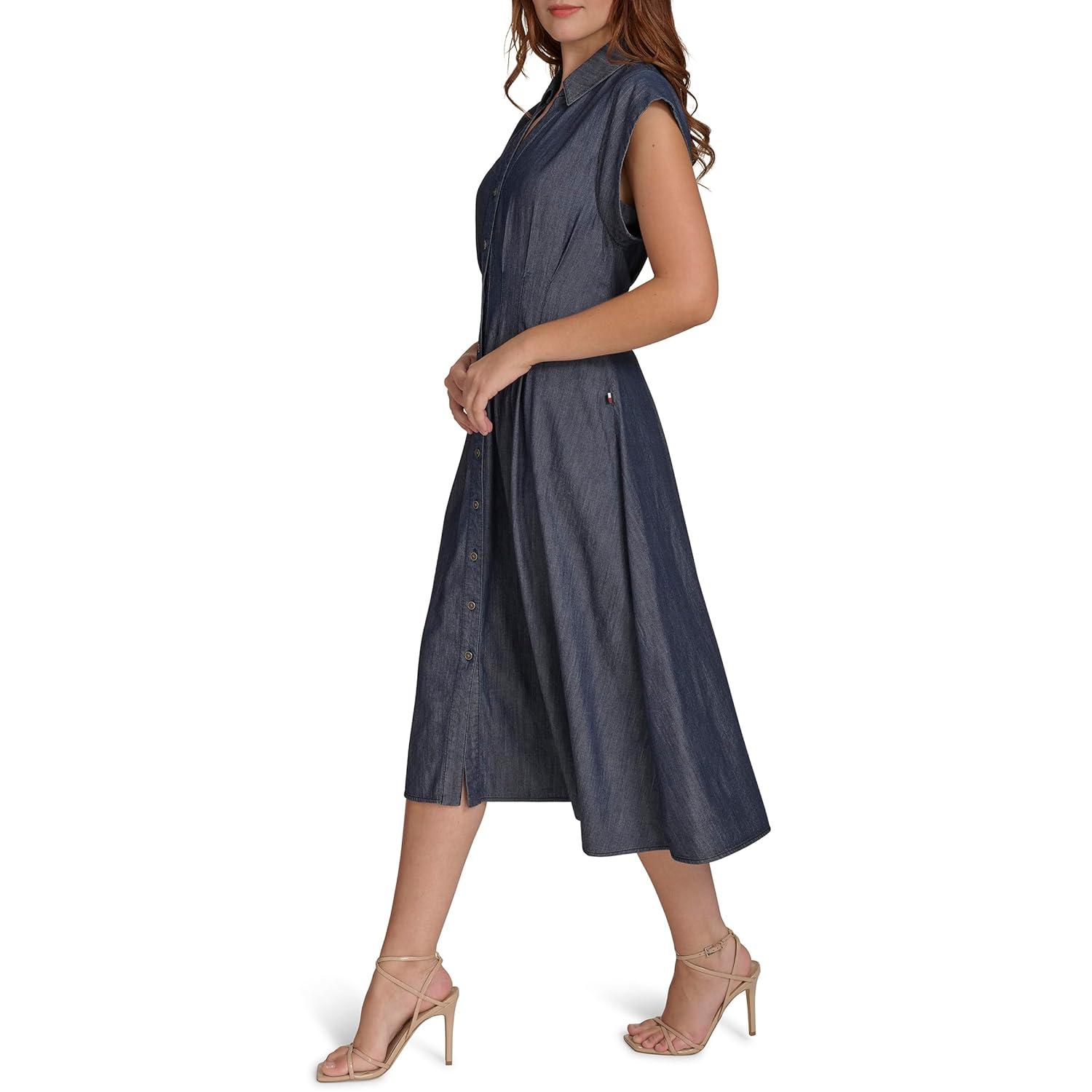 imageTommy Hilfiger Womens Cap Sleeve Chambray Fit and Flare Midi DressDark Wash