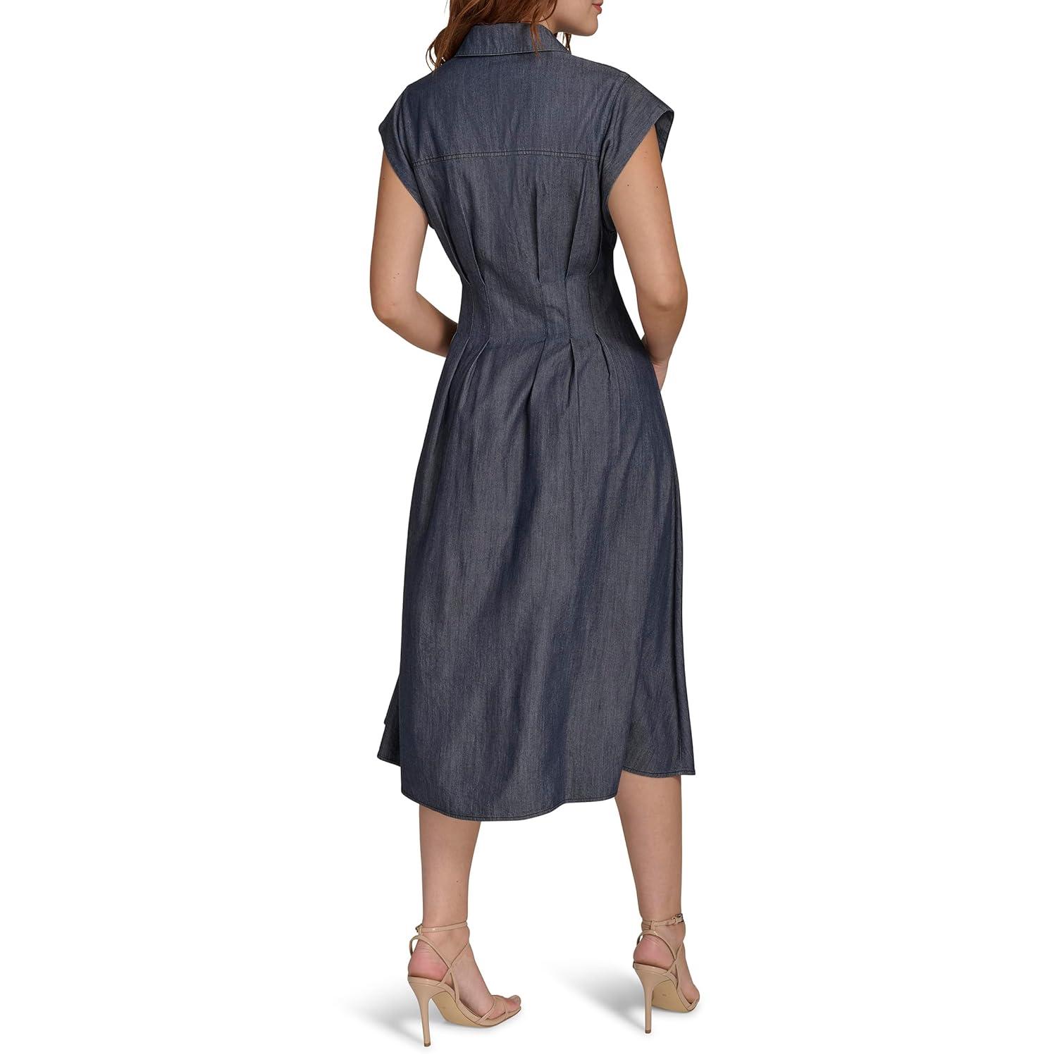 imageTommy Hilfiger Womens Cap Sleeve Chambray Fit and Flare Midi DressDark Wash