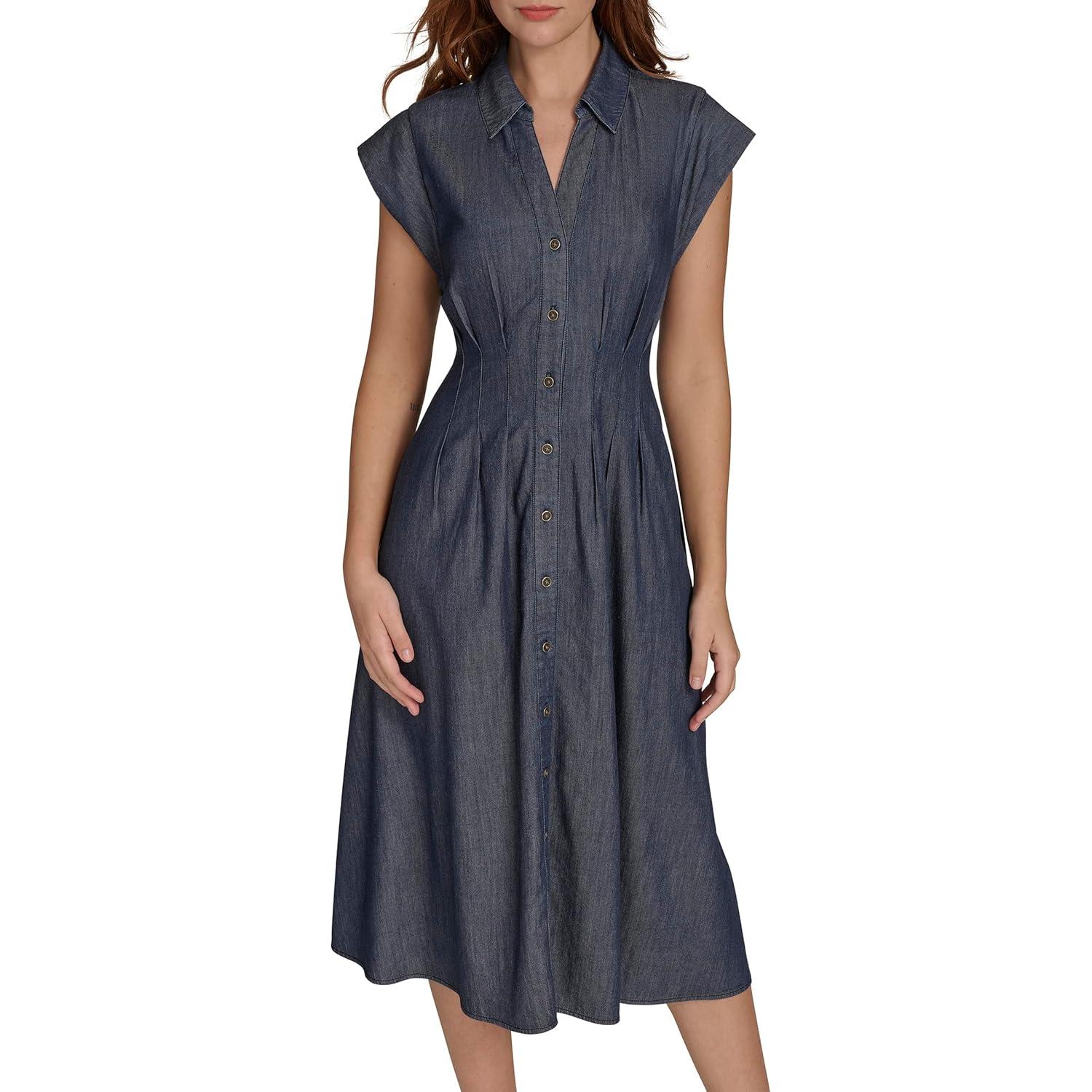imageTommy Hilfiger Womens Cap Sleeve Chambray Fit and Flare Midi DressDark Wash