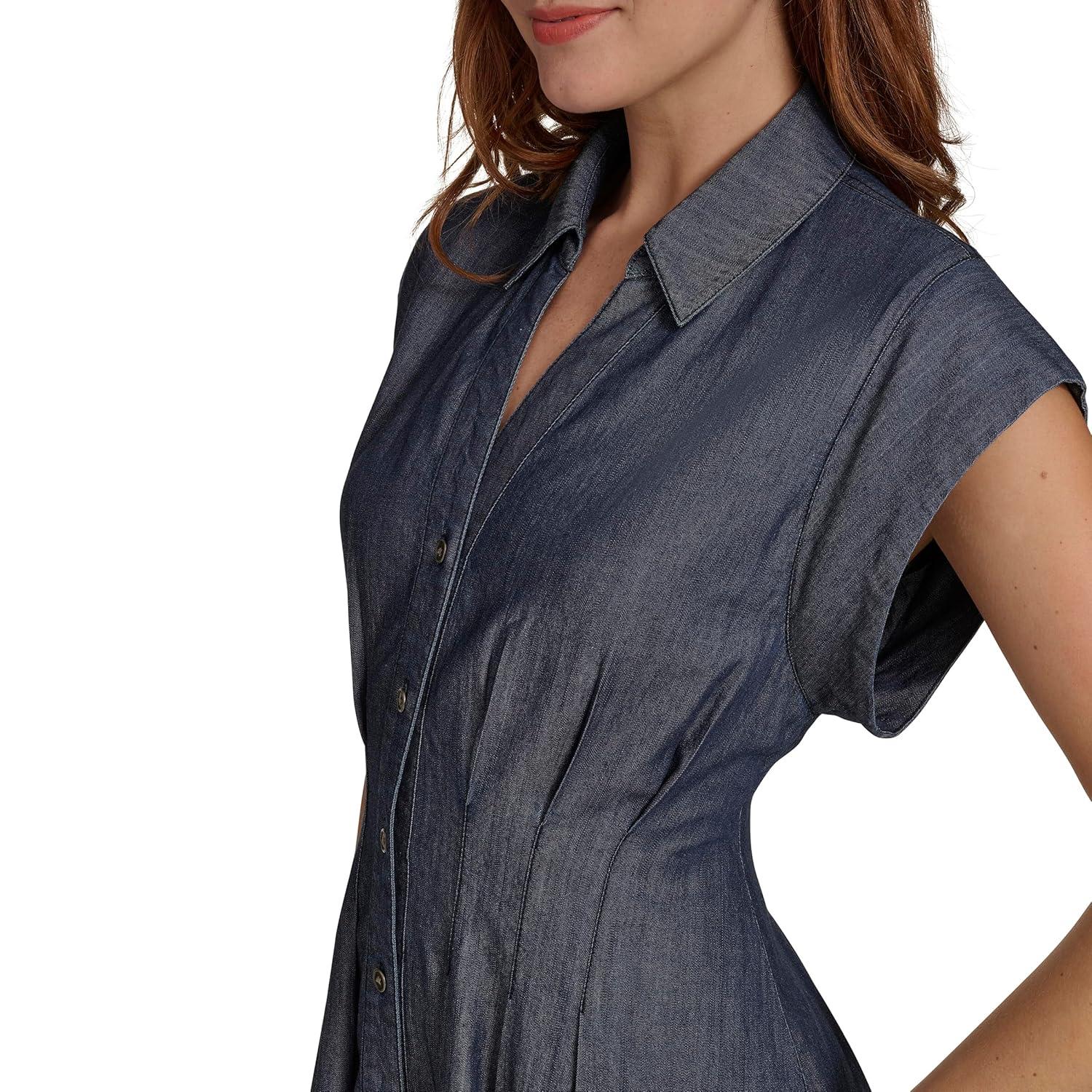 imageTommy Hilfiger Womens Cap Sleeve Chambray Fit and Flare Midi DressDark Wash