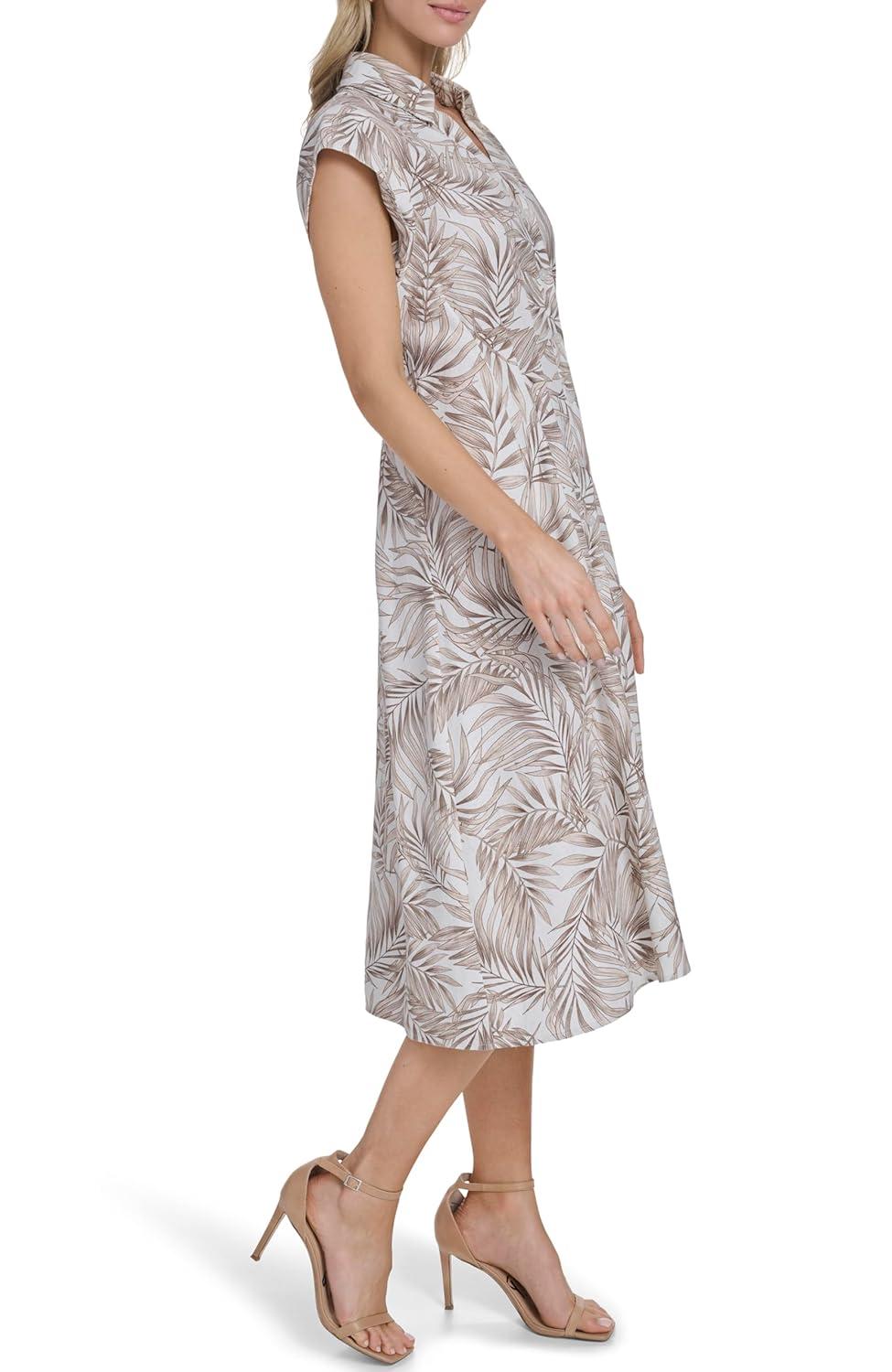 imageTommy Hilfiger Womens Cap Sleeve Chambray Fit and Flare Midi DressSand Multi