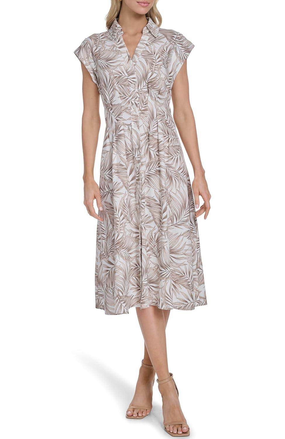 imageTommy Hilfiger Womens Cap Sleeve Chambray Fit and Flare Midi DressSand Multi