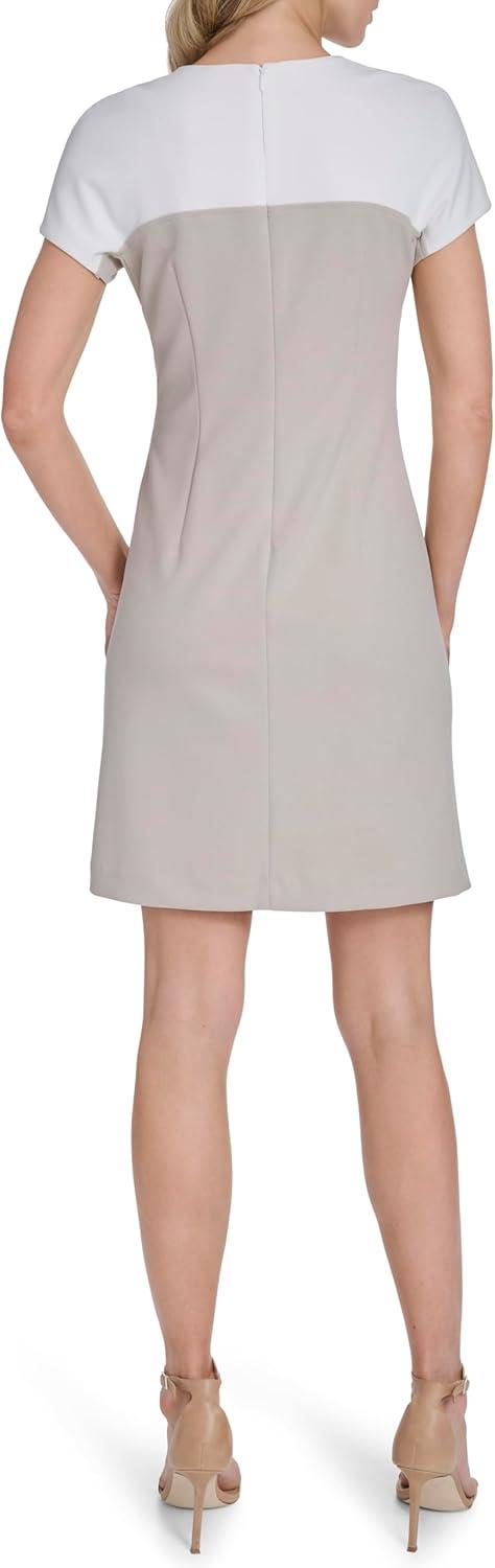 imageTommy Hilfiger Womens Cap Sleeve Crew Neck Scuba Crepe Shift Mini DressKhakiIvory