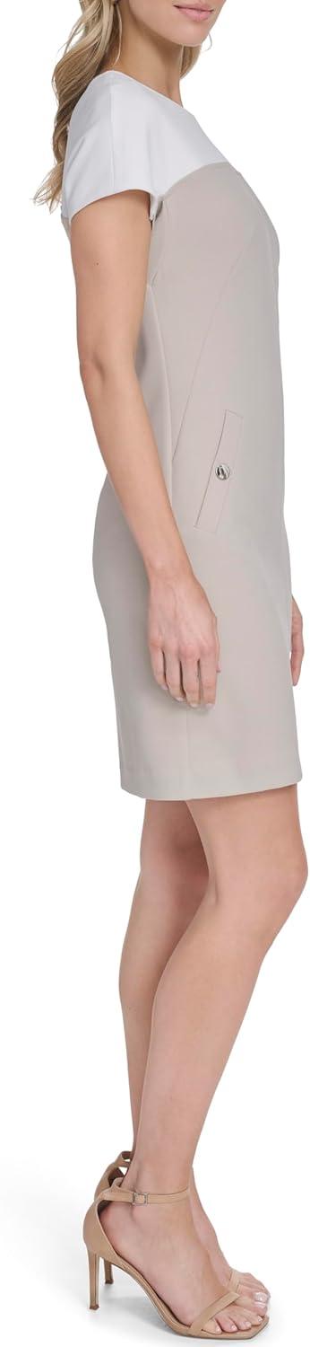 imageTommy Hilfiger Womens Cap Sleeve Crew Neck Scuba Crepe Shift Mini DressKhakiIvory