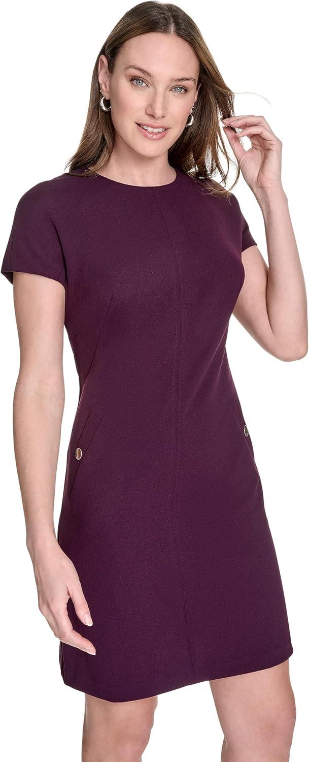imageTommy Hilfiger Womens Cap Sleeve Crew Neck Two Hip Pockets Sheath Mini DressAubergine