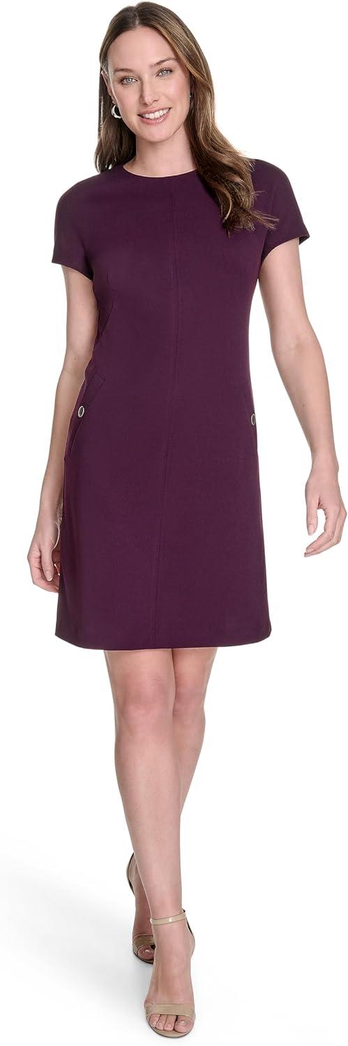 imageTommy Hilfiger Womens Cap Sleeve Crew Neck Two Hip Pockets Sheath Mini DressAubergine