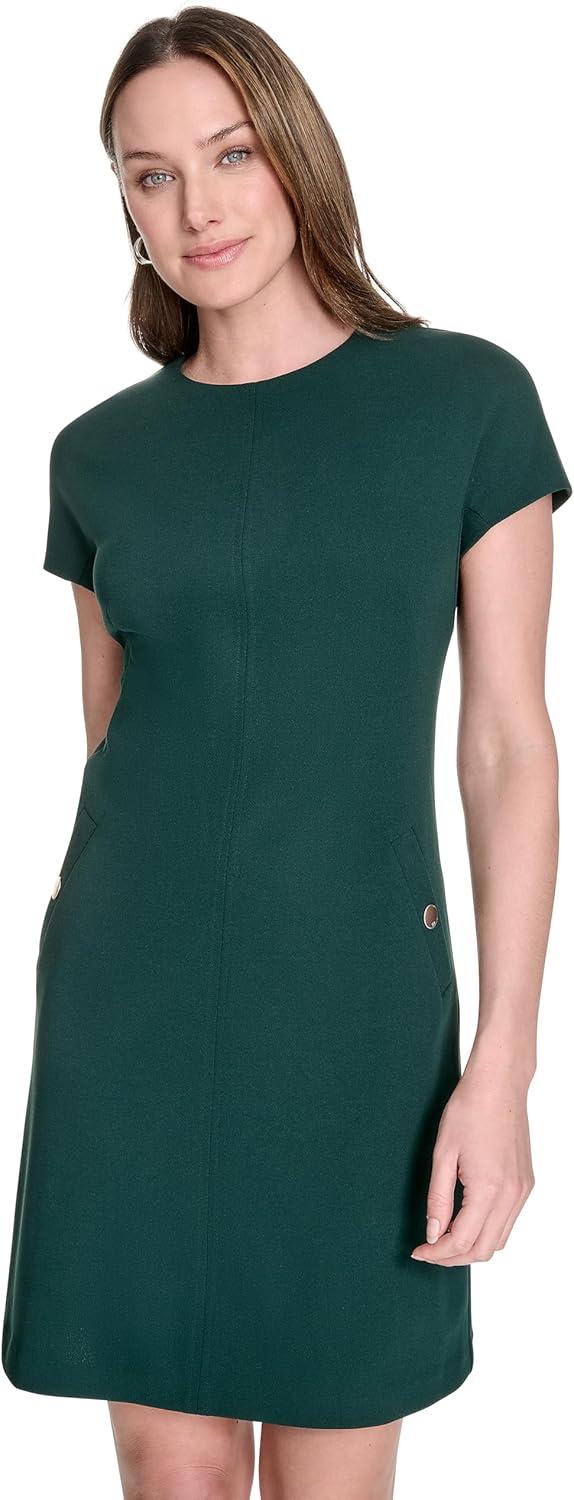 imageTommy Hilfiger Womens Cap Sleeve Crew Neck Two Hip Pockets Sheath Mini DressCypress