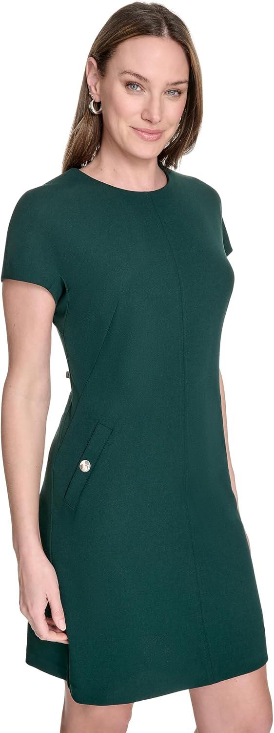 imageTommy Hilfiger Womens Cap Sleeve Crew Neck Two Hip Pockets Sheath Mini DressCypress