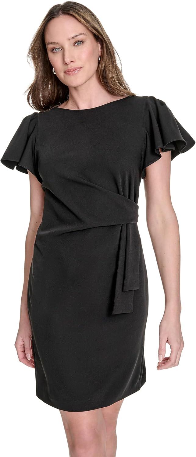 imageTommy Hilfiger Womens Flounce Sleeve Side Drape Fully Lined Sheath DressBlack