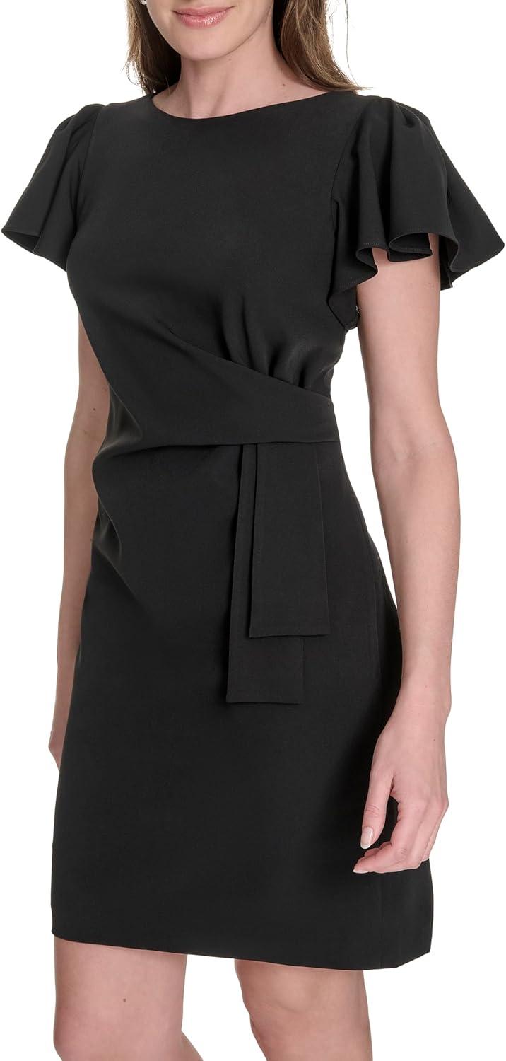 imageTommy Hilfiger Womens Flounce Sleeve Side Drape Fully Lined Sheath DressBlack