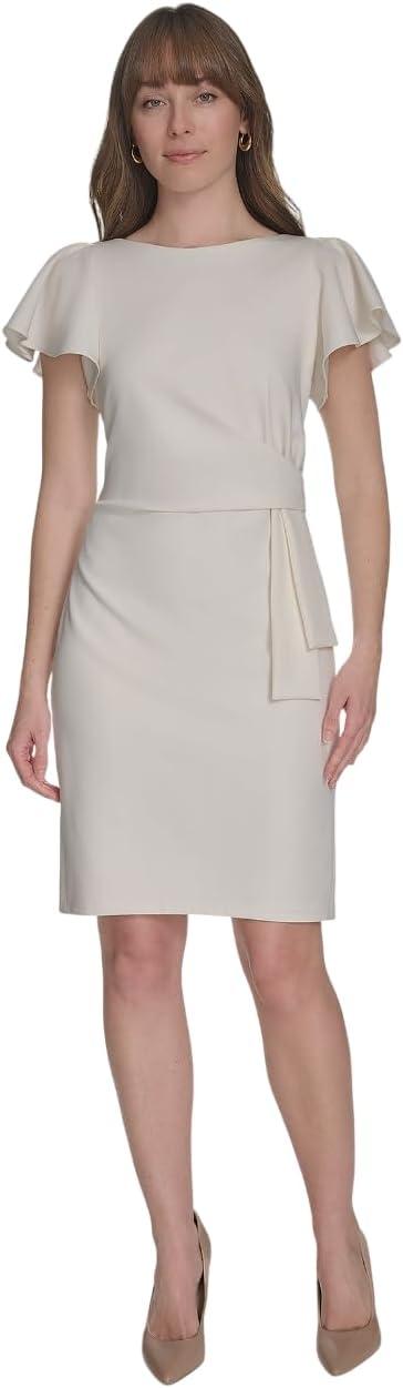 imageTommy Hilfiger Womens Flounce Sleeve Side Drape Fully Lined Sheath DressIvory