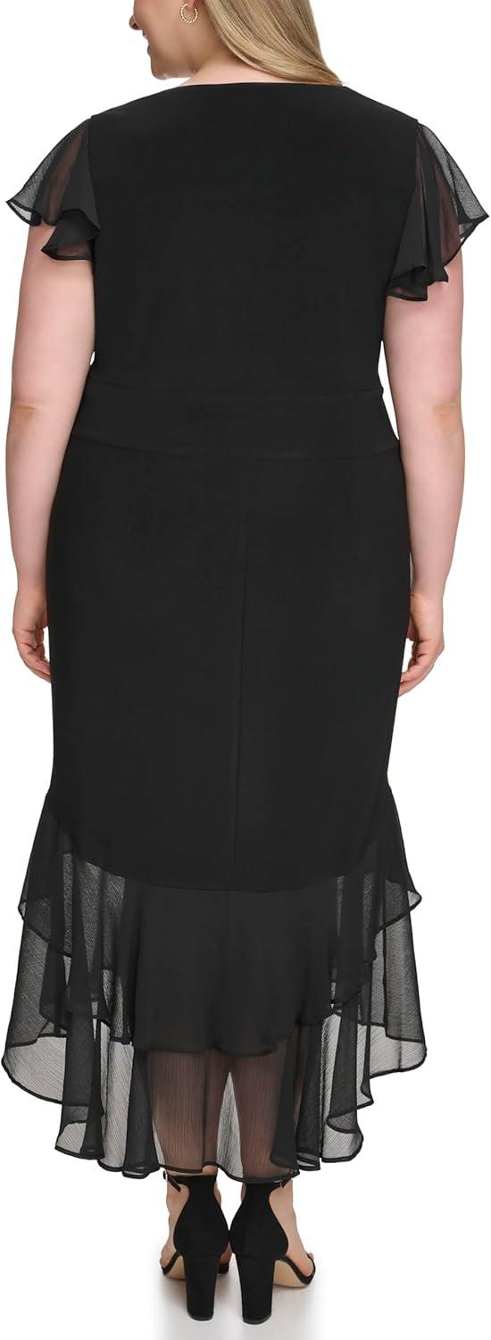imageTommy Hilfiger Womens Flutter Sleeve VNeck Ruffle Trim Hi Lo Midi DressBlack