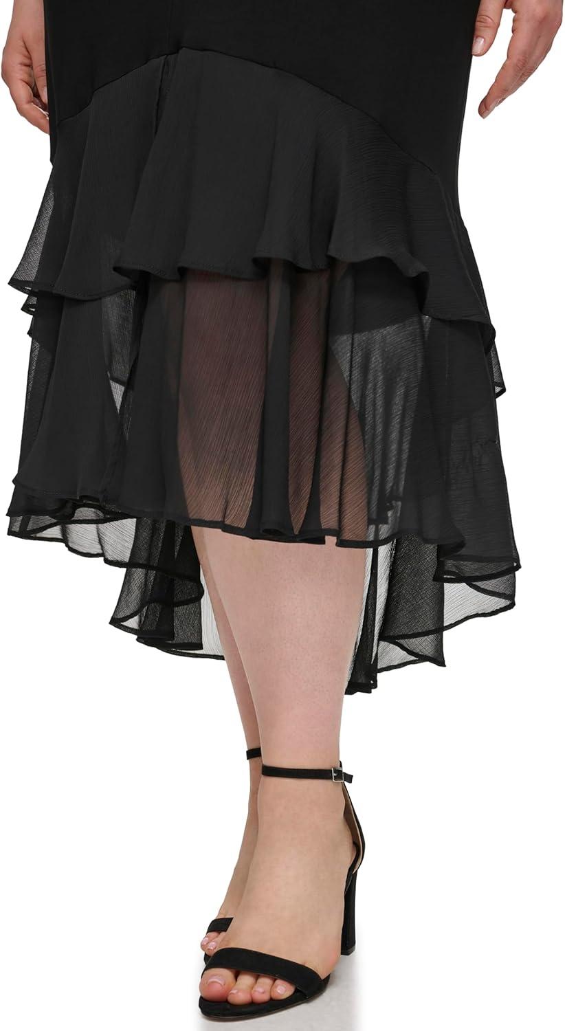imageTommy Hilfiger Womens Flutter Sleeve VNeck Ruffle Trim Hi Lo Midi DressBlack