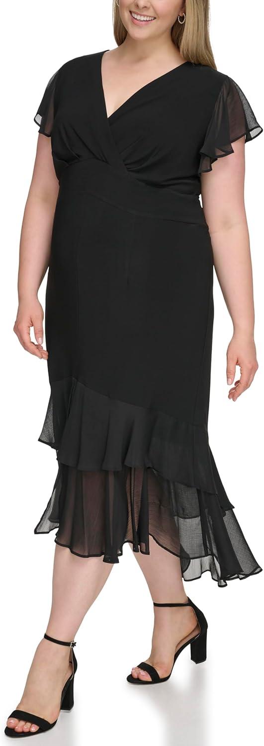 imageTommy Hilfiger Womens Flutter Sleeve VNeck Ruffle Trim Hi Lo Midi DressBlack