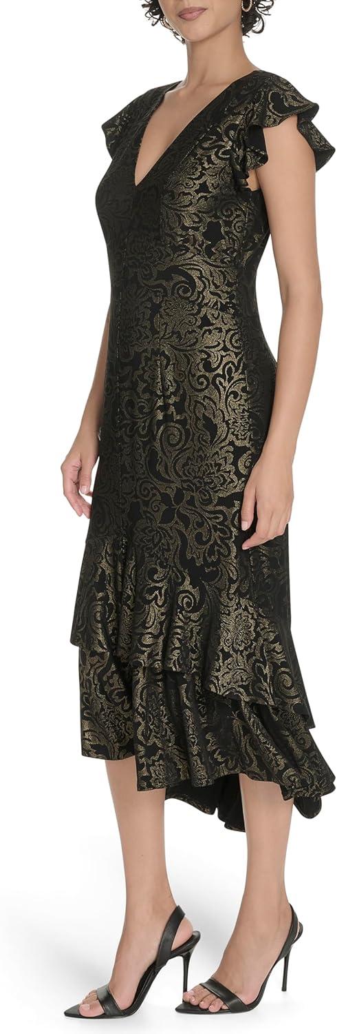 imageTommy Hilfiger Womens Flutter Sleeve VNeck Ruffle Trim Hi Lo Midi DressBlackGold
