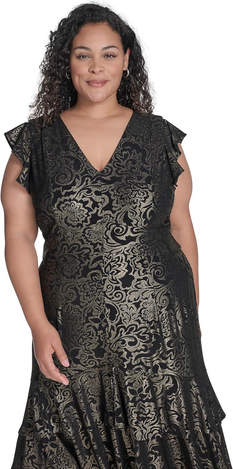 imageTommy Hilfiger Womens Flutter Sleeve VNeck Ruffle Trim Hi Lo Midi DressBlackGold