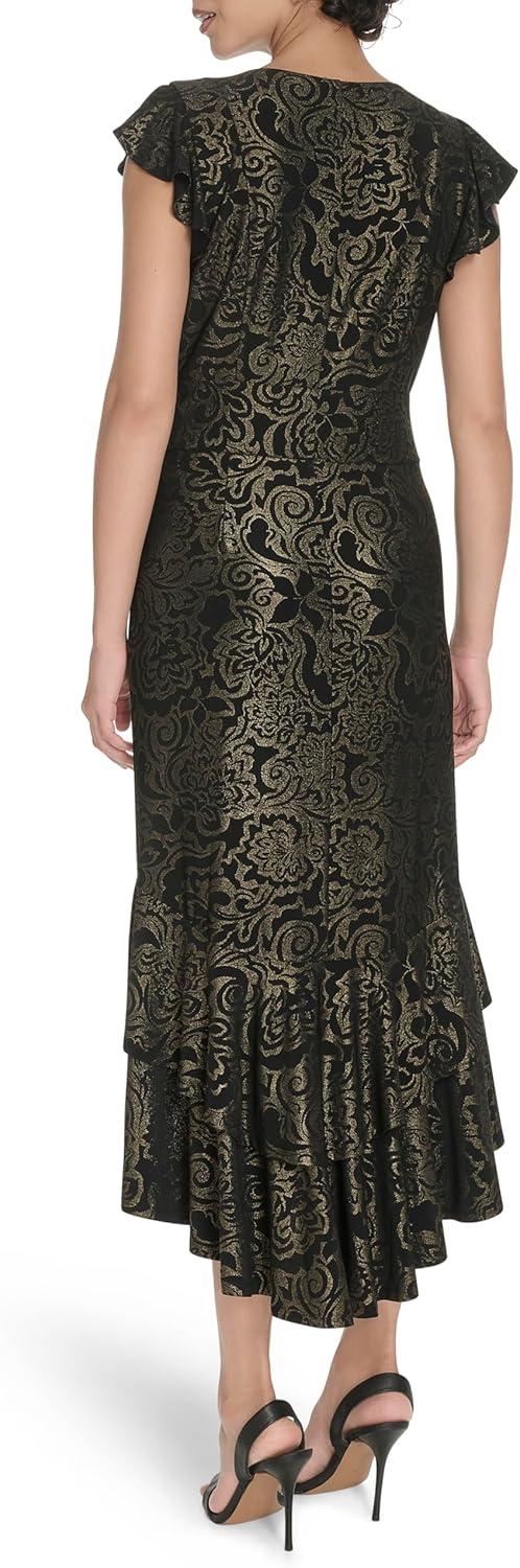 imageTommy Hilfiger Womens Flutter Sleeve VNeck Ruffle Trim Hi Lo Midi DressBlackGold