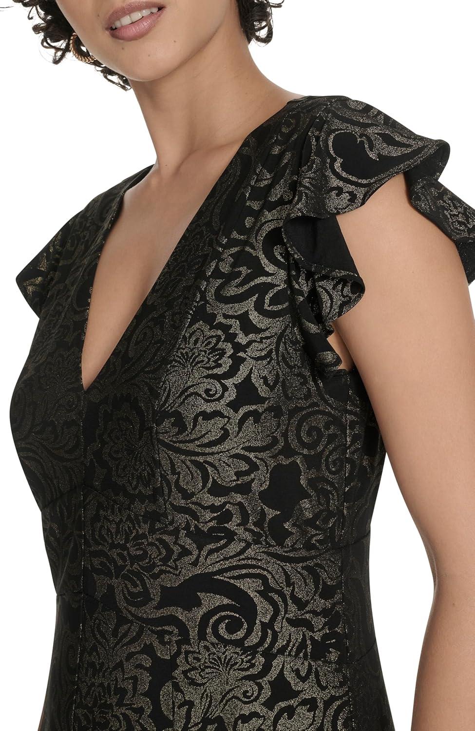 imageTommy Hilfiger Womens Flutter Sleeve VNeck Ruffle Trim Hi Lo Midi DressBlackGold