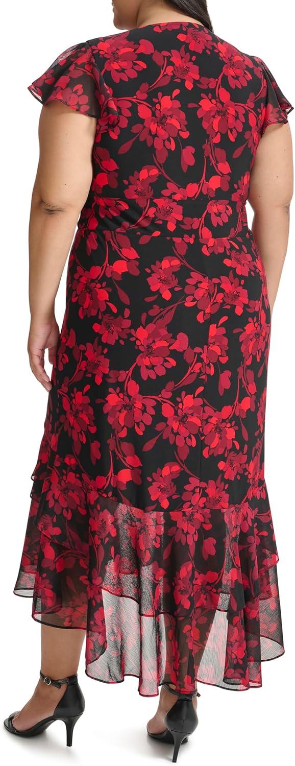 imageTommy Hilfiger Womens Flutter Sleeve VNeck Ruffle Trim Hi Lo Midi DressChil Pepper Multi