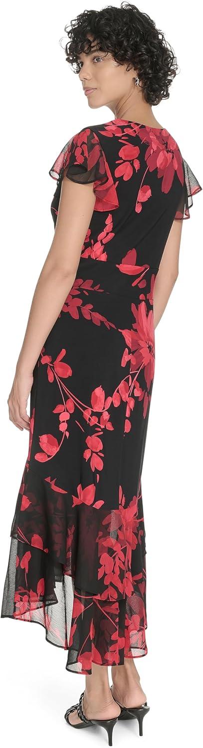 imageTommy Hilfiger Womens Flutter Sleeve VNeck Ruffle Trim Hi Lo Midi DressDeep Scarlet Multi