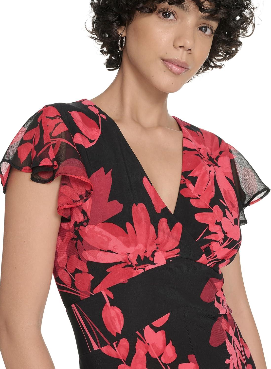 imageTommy Hilfiger Womens Flutter Sleeve VNeck Ruffle Trim Hi Lo Midi DressDeep Scarlet Multi