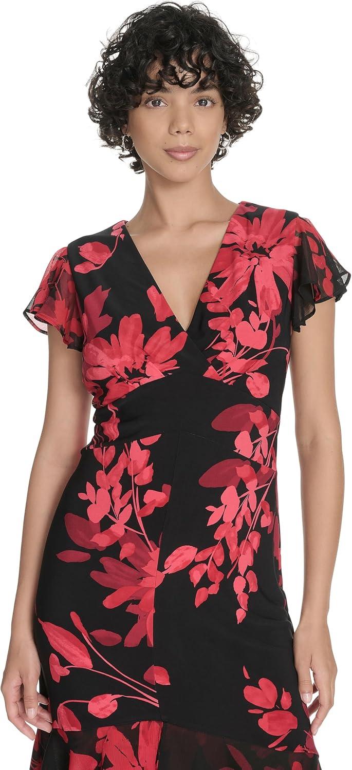 imageTommy Hilfiger Womens Flutter Sleeve VNeck Ruffle Trim Hi Lo Midi DressDeep Scarlet Multi