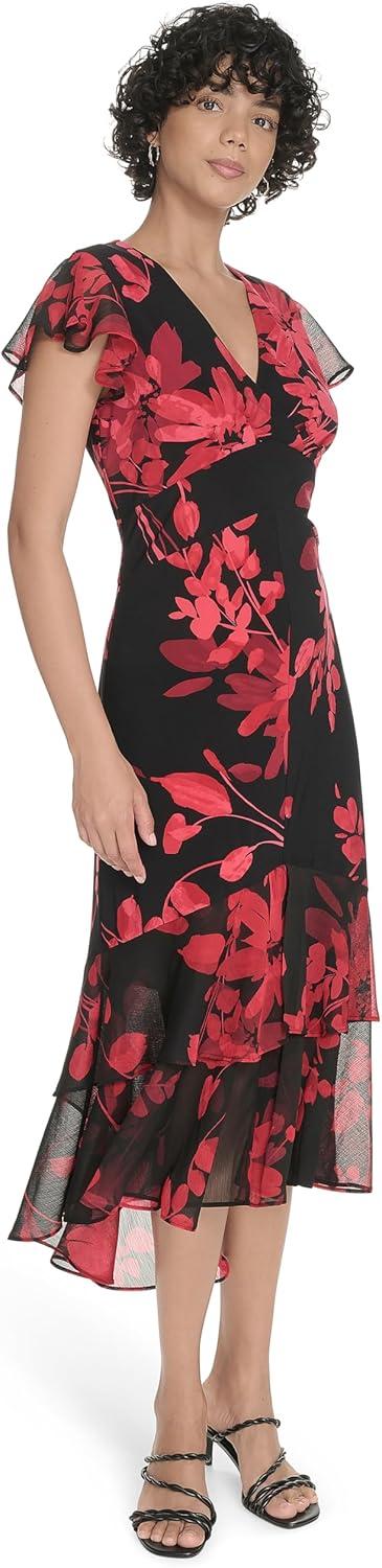 imageTommy Hilfiger Womens Flutter Sleeve VNeck Ruffle Trim Hi Lo Midi DressDeep Scarlet Multi