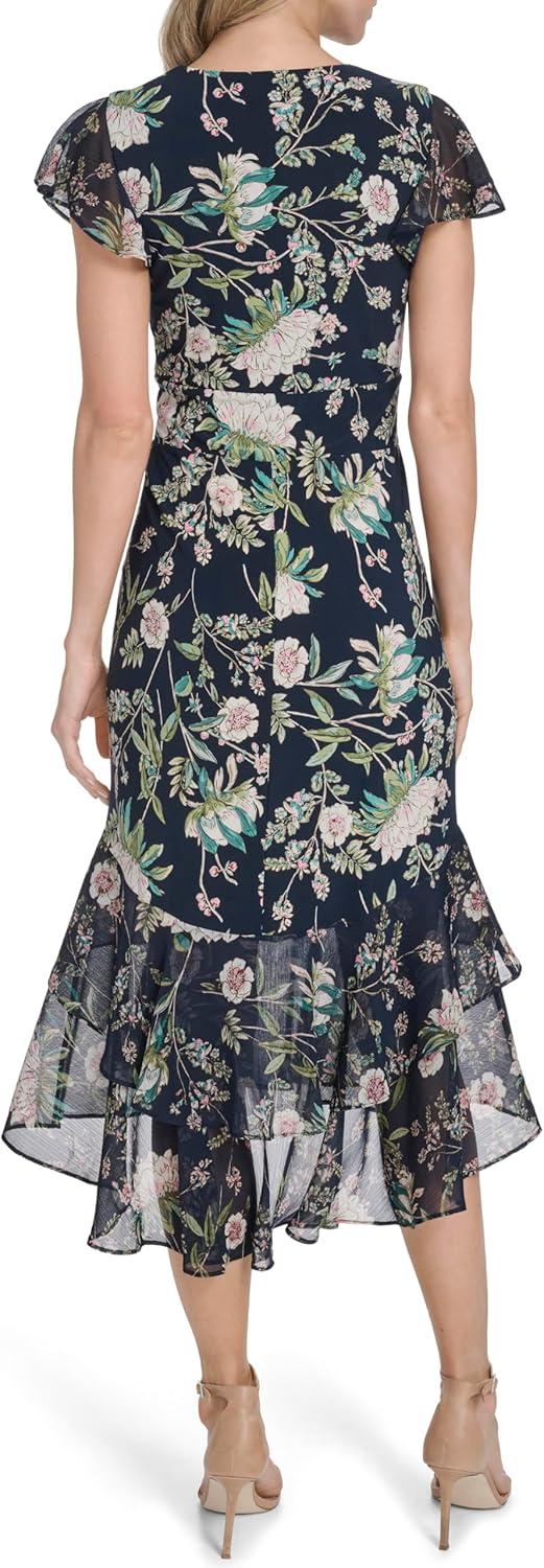 imageTommy Hilfiger Womens Flutter Sleeve VNeck Ruffle Trim Hi Lo Midi DressSky CaptainMulti