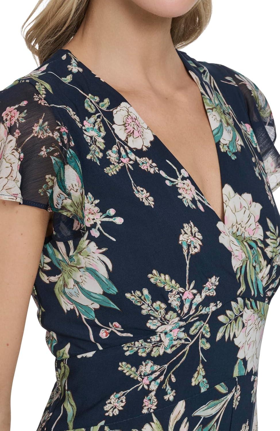 imageTommy Hilfiger Womens Flutter Sleeve VNeck Ruffle Trim Hi Lo Midi DressSky CaptainMulti