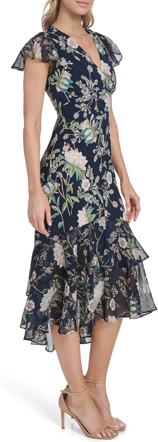 imageTommy Hilfiger Womens Flutter Sleeve VNeck Ruffle Trim Hi Lo Midi DressSky CaptainMulti
