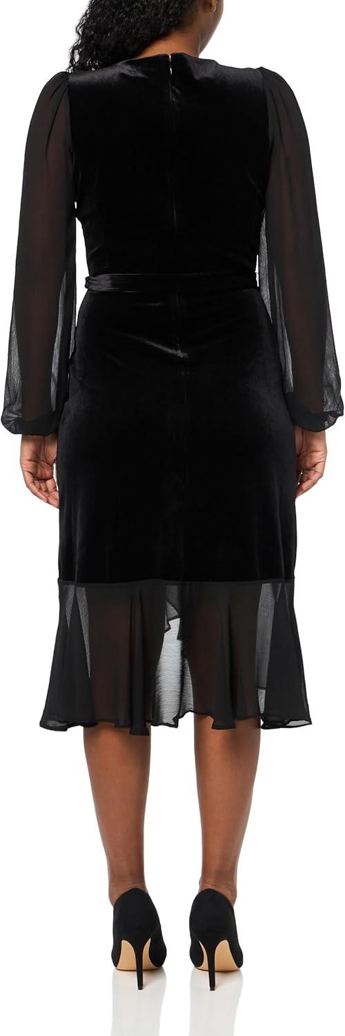 imageTommy Hilfiger Womens Long Chiffon Balloon Sleeve Velvet Wrap Midi DressBlack