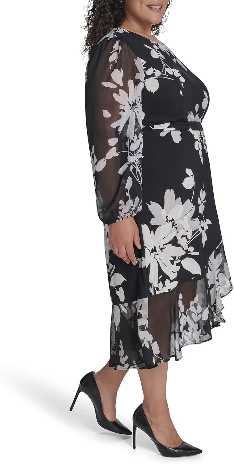 imageTommy Hilfiger Womens Long Chiffon Balloon Sleeve Velvet Wrap Midi DressIvory Multi